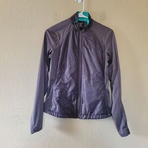 Brooks Womens Running Jacket Size Xsmall Gray Teal Floral Full Zip Reflective